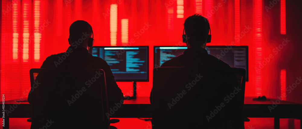 Poster two figures sit in front of dual computer screens, illuminated by red lights, evoking a sense of mys
