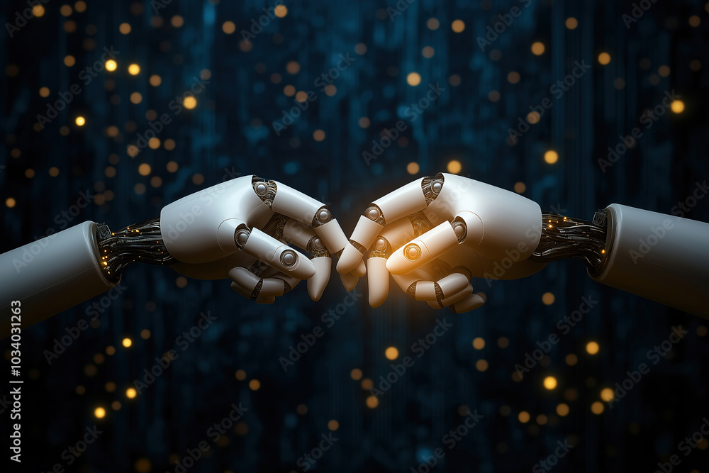 Poster robotic hands almost touching with glowing connection against a digital backdrop