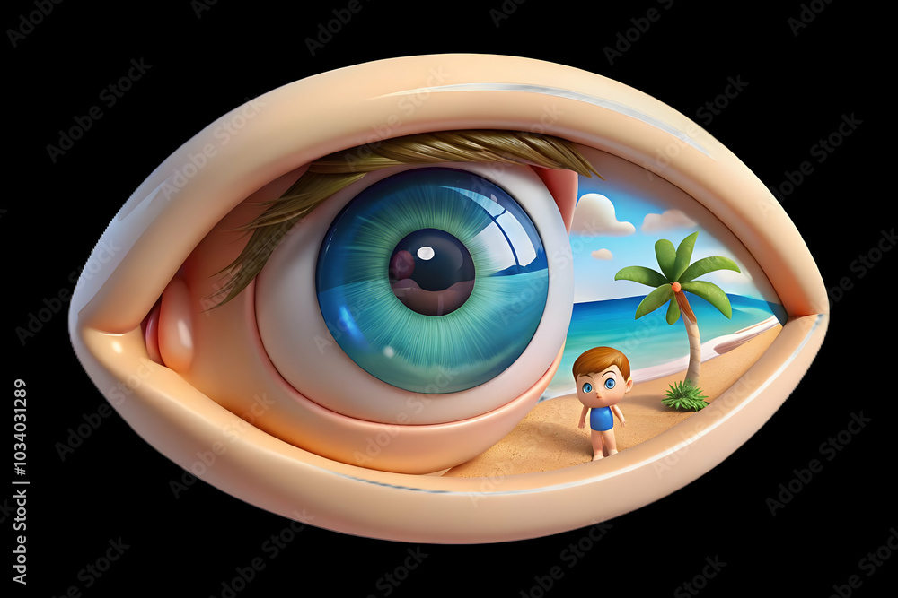 Poster close-up of child's eye reflecting vibrant beach scene - macro shot capturing innocence and wonder w