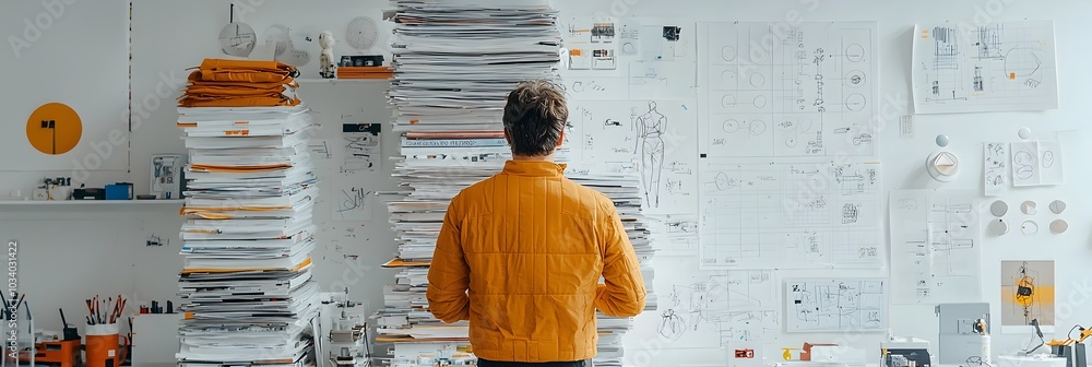 Poster Stacked magazines and fashion sketches arranged on a desk suggesting a creative workspace and design process  The image evokes a sense of editorial creativity visual research and the of new ideas