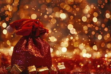Obraz premium A Santa hat sits atop a bright red gift bag, ready for the holiday season