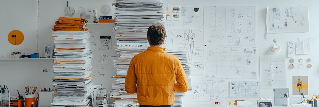 Stacked magazines and fashion sketches arranged on a desk suggesting a creative workspace and design process  The image evokes a sense of editorial creativity visual research and the of new ideas