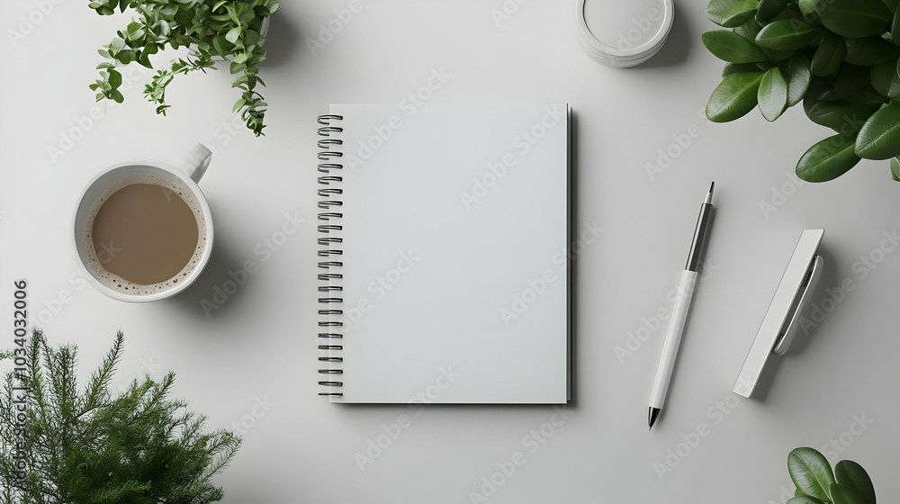 Poster 3d plain notebook with pen resting on glossy white desk overhead shot - simple concept for planning 