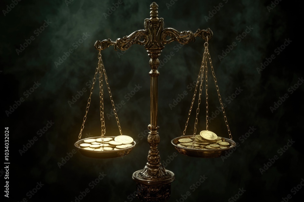 Poster a golden scale with coins on it