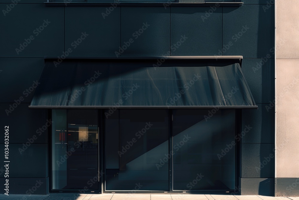 Poster a modern building with a black awning on its side, suitable for use in urban or architectural photog