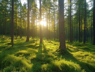 Obraz premium A serene forest scene with sunlight filtering through tall trees, illuminating lush greenery.