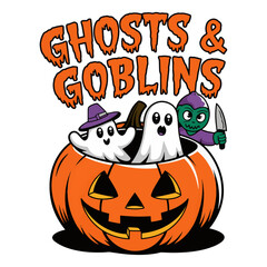 Spooky Halloween T-Shirt Design: Ghosts, Pumpkins, and Witches - Vector Illustration. Generative with AI