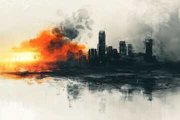 Obraz premium A city engulfed in flames, with thick black smoke billowing into the air