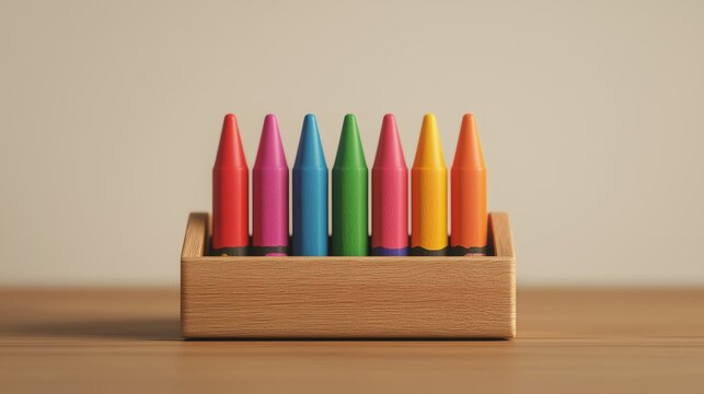 A set of crayons in a box, rendered in bright colors, casting soft shadows on a wooden surface, 3D detail