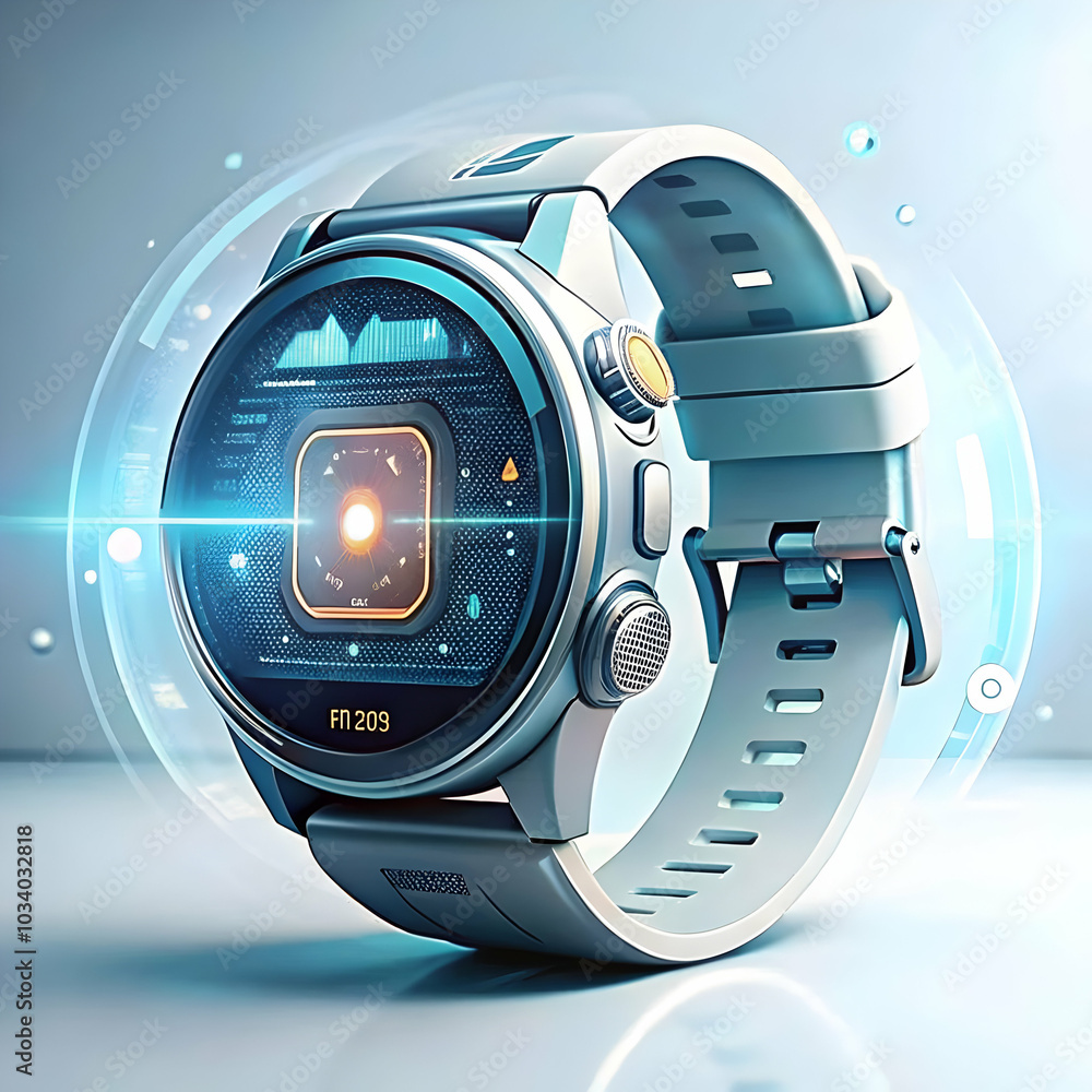 Poster capture a high resolution close up of a sleek futuristic smartwatch displaying holographic data illu