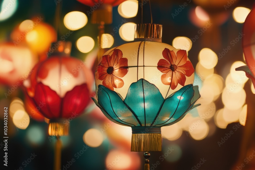 Poster A cluster of vibrant lanterns dangling from above, adding a pop of color to any setting