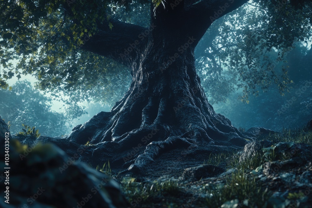 Poster a large tree standing tall in a dense forest