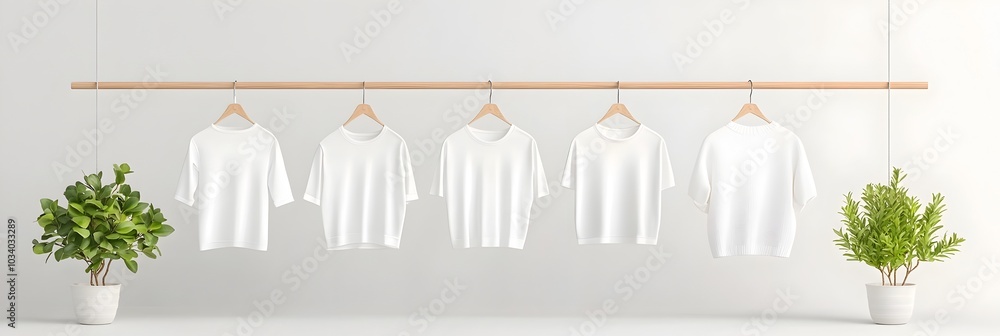Aufkleber Symmetrically aligned hangers displaying monochrome fashion outfits in a clean minimal and visually balanced studio setting  The image conveys a sense of order simplicity