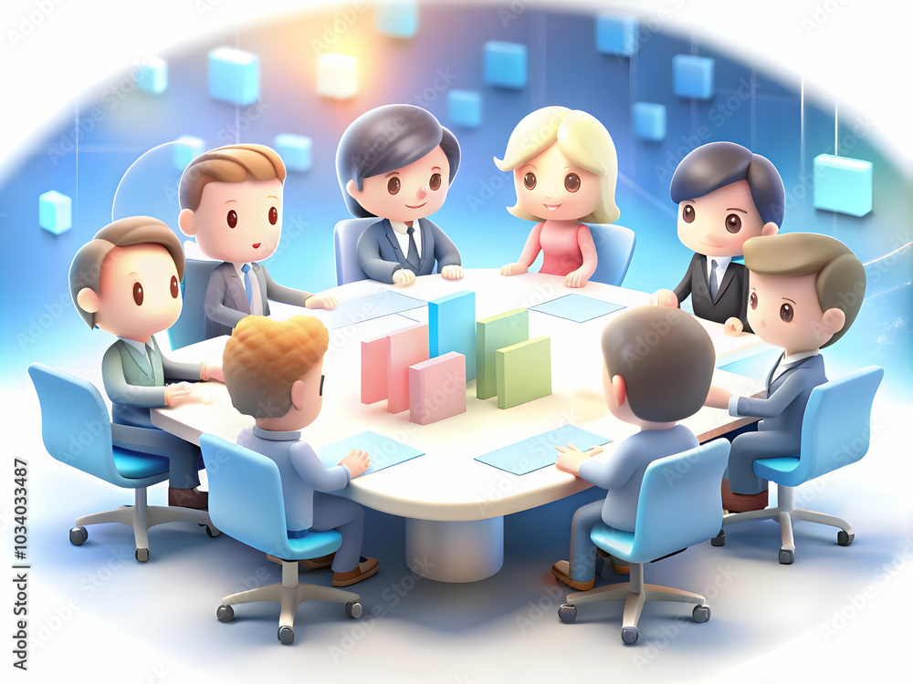 Poster business meeting in progress with soft abstract light overlay for text space � engaging participants