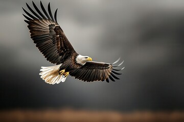 Fototapeta premium A majestic eagle soars through the sky, showcasing its powerful wings and striking plumage against a dramatic, blurred background.