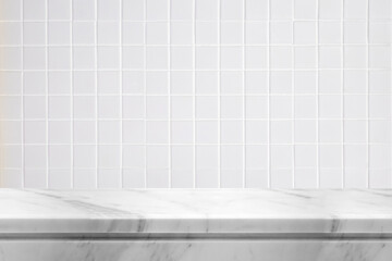 Empty white marble table top with blur tile wall bathroom background