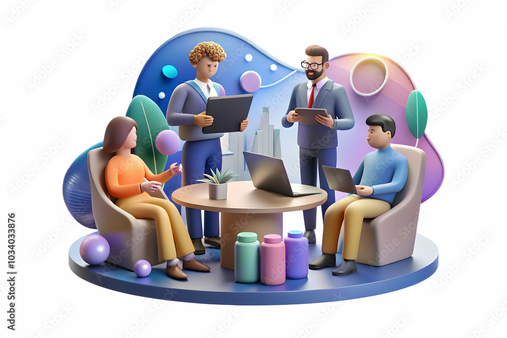 Poster professional team brainstorming in a modern office with abstract digital art background and bokeh ef
