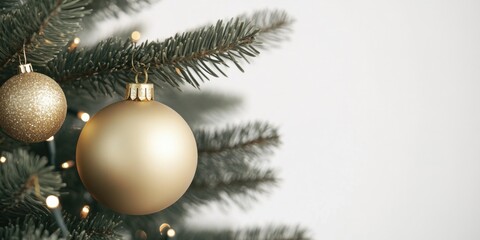 Fototapeta premium A shiny gold ornament hangs from a festive Christmas tree, perfect for holiday decorations
