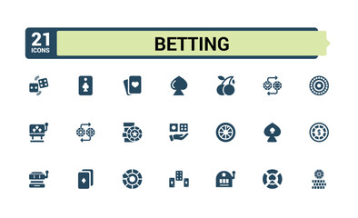 Betting related solid icons set. Containing playing cards, poker chips jackpot and more. Filled icon collection. Glyph editable symbol pack. Pixel perfect casino icon collection.