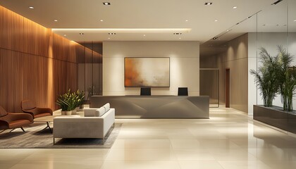 Modern Lobby with Wood Paneling, Concrete Wall, and Abstract Artwork