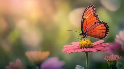 Obraz premium A vibrant orange butterfly with black markings rests on a pink flower with its wings spread out. The background is a soft, blurry green and yellow.