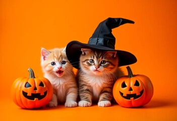 Adorable kittens with witch hat and carved Halloween pumpkins on vibrant orange background