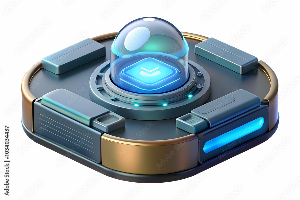 Poster close up of a futuristic virtual assistant device with hologram display illustrating cutting-edge in
