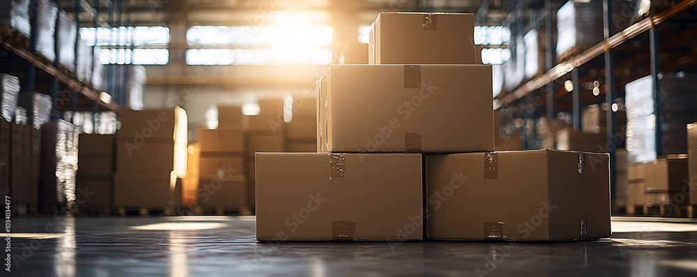 Poster neatly stacked brown cardboard boxes in sunlit warehouse create organized and efficient storage envi