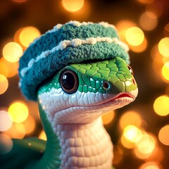 Fototapeta premium A green snake wearing a blue hat on top of a tree