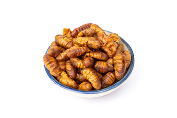 Food for pet. Dried Silkworm Pupae in ceramic cup suitable as a snack for sugar glider, squirrel, chipmunk, fish and reptiles etc isolated on white background.
