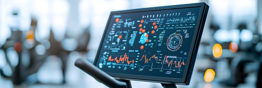 Treadmill Console Displaying Fitness Metrics and Data with Blurred Background  Digital Interface Showing Exercise Performance Statistics and Analytics for Active Lifestyle
