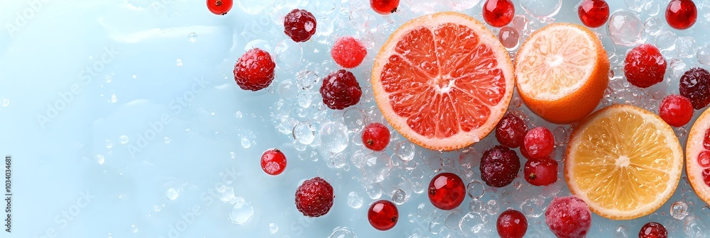 Poster vibrant and appetizing arrangement of citrus fruit slices and berries scattered on a reflective glas