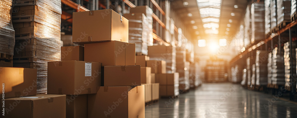 Poster neatly stacked brown cardboard boxes in warehouse, illuminated by warm sunlight streaming through la