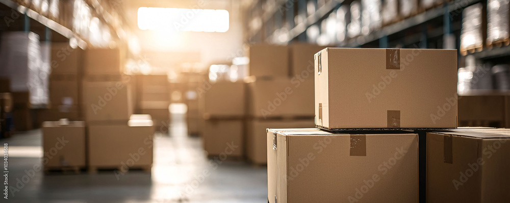 Poster neatly stacked brown cardboard boxes in sunlit warehouse create organized and efficient storage envi