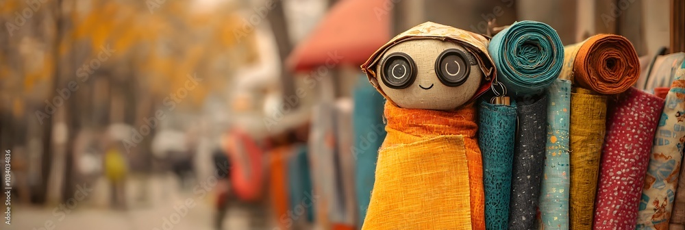 Poster vibrant and textured tailor s dummy wrapped in colorful fabrics evoking a sense of creativity and ex
