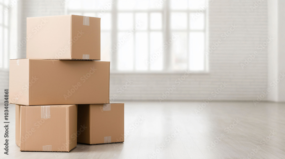 Poster cardboard boxes stacked in empty workspace create sense of anticipation and organization. bright, ai