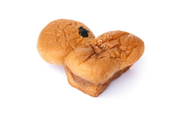 Fluffy Square and round bread with filling inside and sprinkled with white sesame seeds on the top isolated on white background.