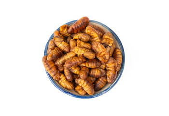 Food for pet. Dried Silkworm Pupae in ceramic cup suitable as a snack for sugar glider, squirrel, chipmunk, fish and reptiles etc isolated on white background.