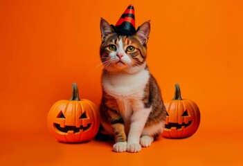 Adorable cat with hat and glowing eyes with carved Halloween pumpkins on vibrant orange background
