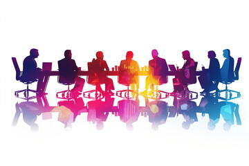 Corporate leaders strategize around a conference table. Colored silhouettes on a white background .