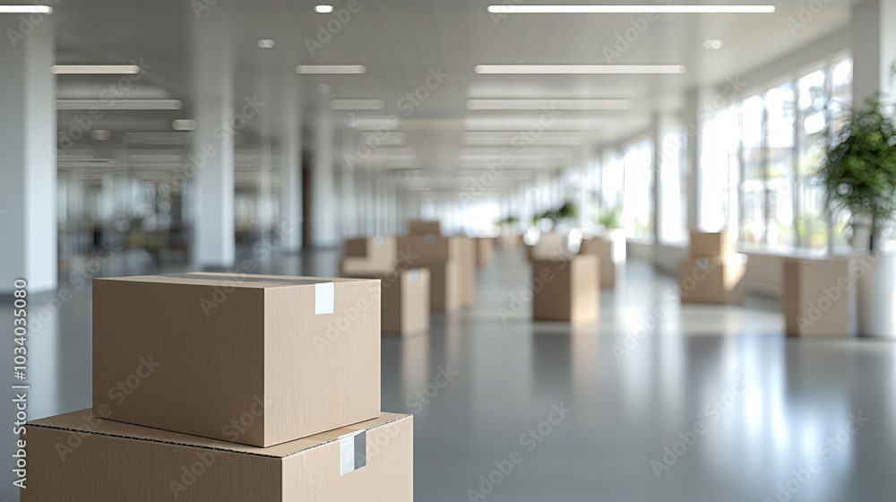 Poster empty modern office with scattered moving boxes, creating sense of transition and change. spacious e