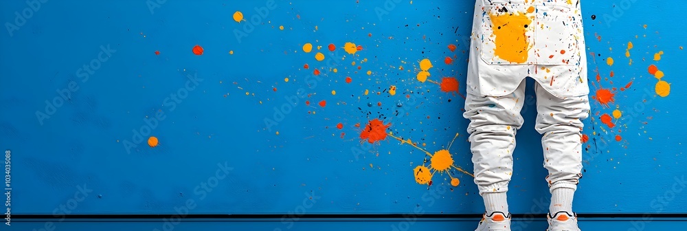 Poster Vibrant paint splatters on an apron capturing the creative process in motion with dynamic brushstrokes splashes and spontaneous expression
