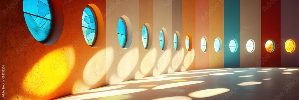 Fototapete Vibrant prismatic patterns created by the shimmering light shining through a stained glass window casting a kaleidoscope of colors and shapes onto the surrounding architecture
