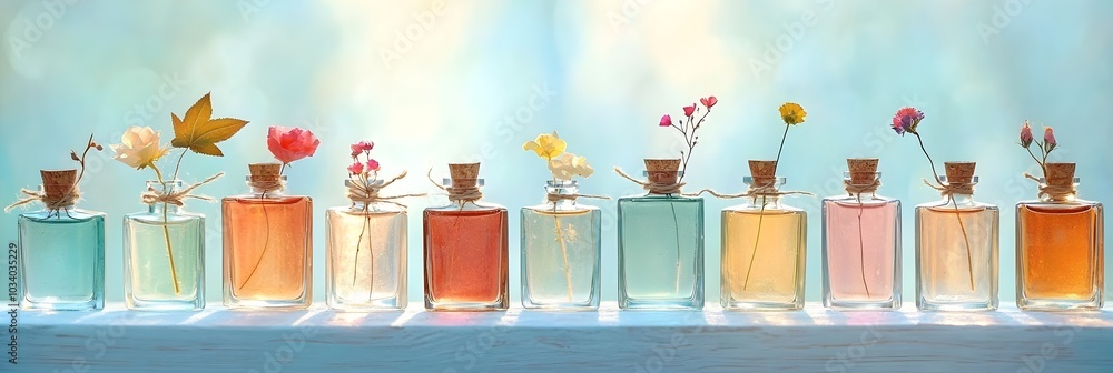Poster Vibrant rays of light shining through the transparent glass of perfume bottles creating a mesmerizing display of colorful reflections and refractions that dance and shimmer across the surface