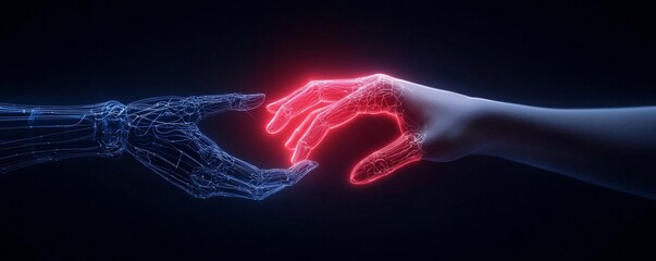 A captivating image of a robot hand reaching out to a human hand, symbolizing collaboration and innovation in technology and artificial intelligence projects.