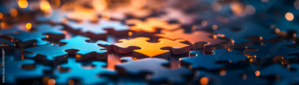 Poster soft abstract puzzle pieces connecting with bokeh effects symbolizing compromise and community in es