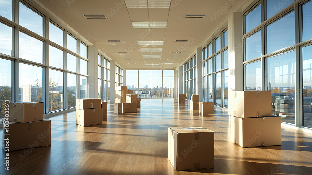 Poster spacious empty office with large windows, filled with scattered moving boxes, creates sense of antic