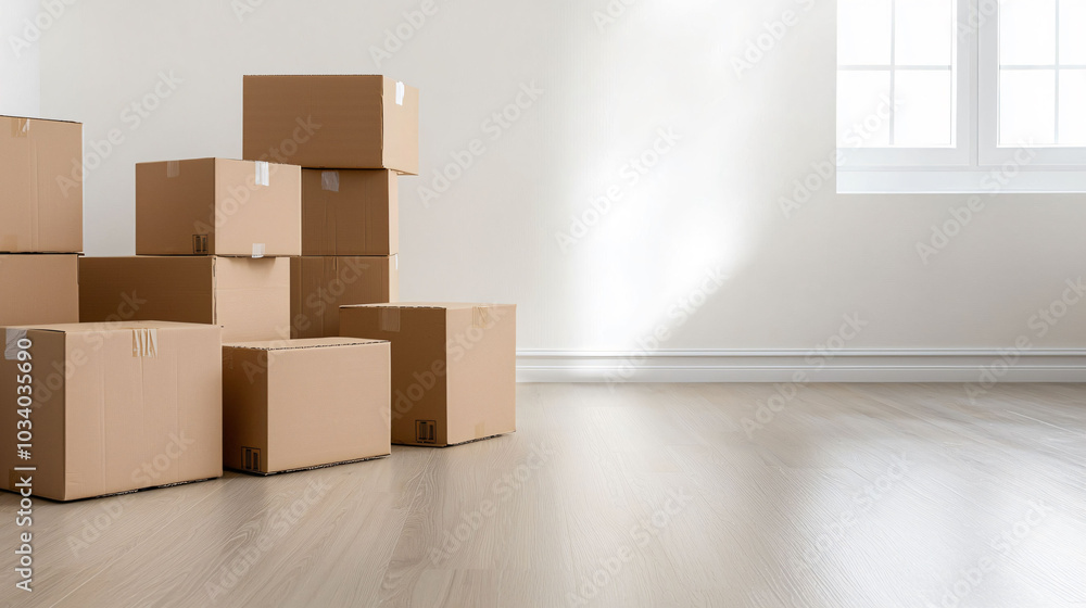 Aufkleber empty workspace with cardboard boxes stacked in bright room, creating sense of anticipation and orga