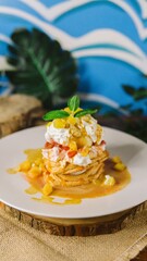 Vanilla ice cream with strawberry on wafell