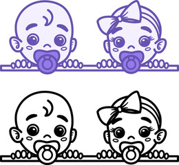 Cute Baby Icons. Vector Illustrations Of Funny Twins. Boy And Girl, Little Kids